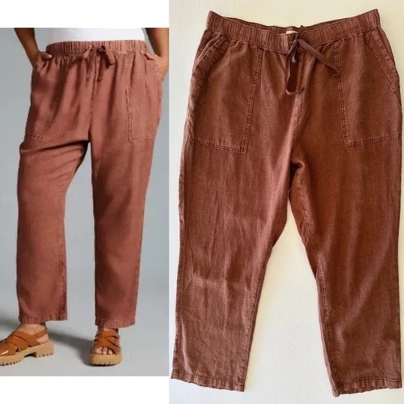 Anthropologie Pilcro Linen Drawstring Pants Medium Brown pockets coastal boho - Picture 2 of 12